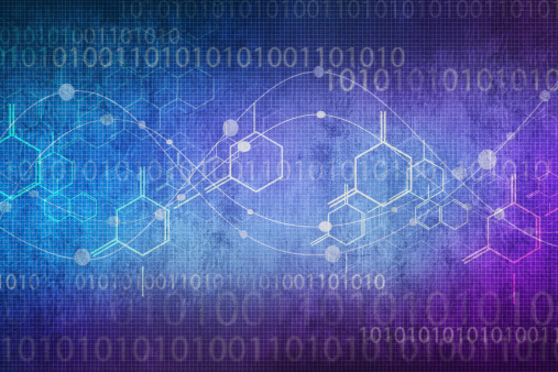An image showing zero, ones, hexagon shapes, lines, with a purple and blue color design.