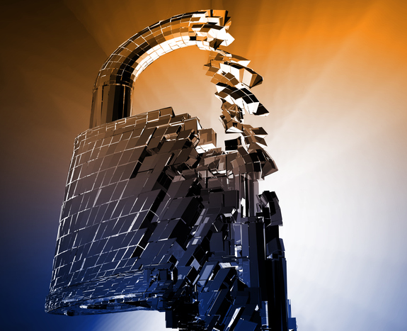 An image of a digital lock pad crumbling with a shiny orange and blue background.