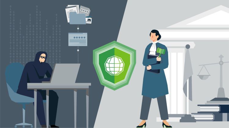 hacker and judge with an internet-labeled shield separating them