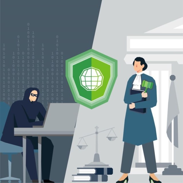 hacker and judge with an internet-labeled shield separating them